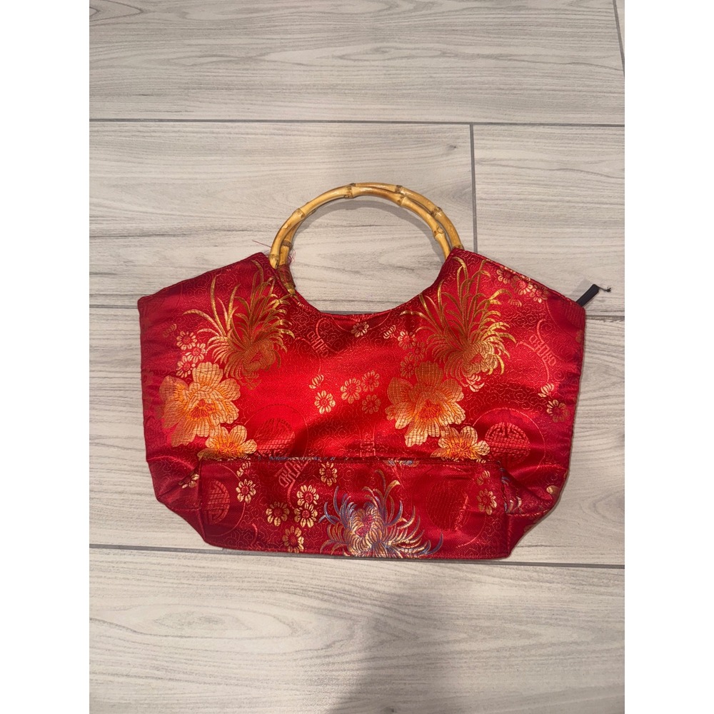 Vintage Red Floral Brocade Satin Handbag with Bamboo Top Handles